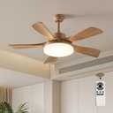 46 Inch Wood Ceiling Fan with Remote, Solid Wood 5 Blade Ceiling Fan with Light, Burlywood Rustic Outdoor Light with Fan Flush Mount for Patios Living Room, Dining Room, Bedroom, Farmhouse (White)