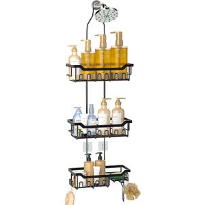 Adjustable Shower Caddy Hanging, Extended Length Organizer Over Shower Head, 3 Tier Long Neck Shower Rack with Soap Holder for Large Storage, Black