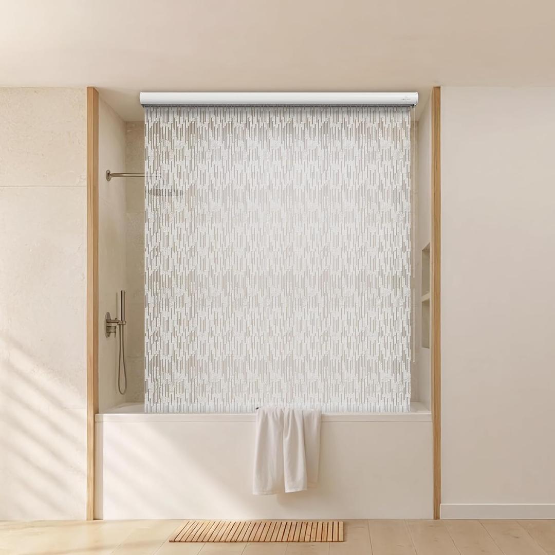Ceiling Mounted Rollup Bathroom Shower Curtain/Liner 56" Base Up to 95" Long - Use for 9' Ceilings Waterproof PEVA Plastic Shower Curtains for Bathroom No Rod, Hooks or Rings (Icicles)