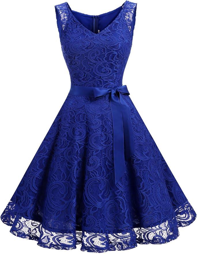 Dressystar Women Floral Lace Bridesmaid Party Dress Short Prom Dress V Neck,  XS