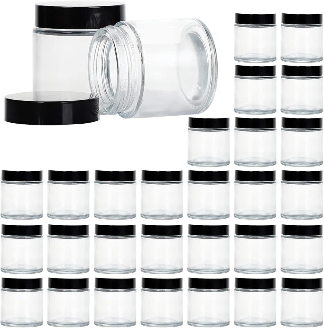 4 Ounce Glass Jars with Lids, Hoa Kinh 30 Pack Clear Empty Cosmetic Containers Round Airtight Glass Jar with Black Lids for Storing Lotions, Powders, and Ointments