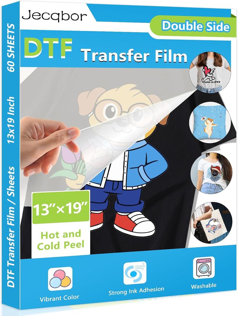 Jecqbor DTF Transfer Film 13x19 Inch, A3 Plus Double-Sided Matte Clear PET Paper 60 Sheets, DTF Paper for Sublimation Hack, Direct Print on for All Fabric and Colors T-Shirts Textile