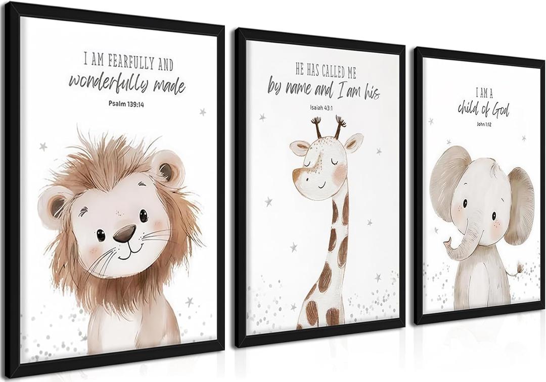 Framed Nursery Wall Art Set of 3, Kids Bible Verse Animal Canvas Wall Decor Paintings, Cute Safari Christian Pictures Posters Prints for Boys Room Bedroom Playroom Decor 16x24 Inch