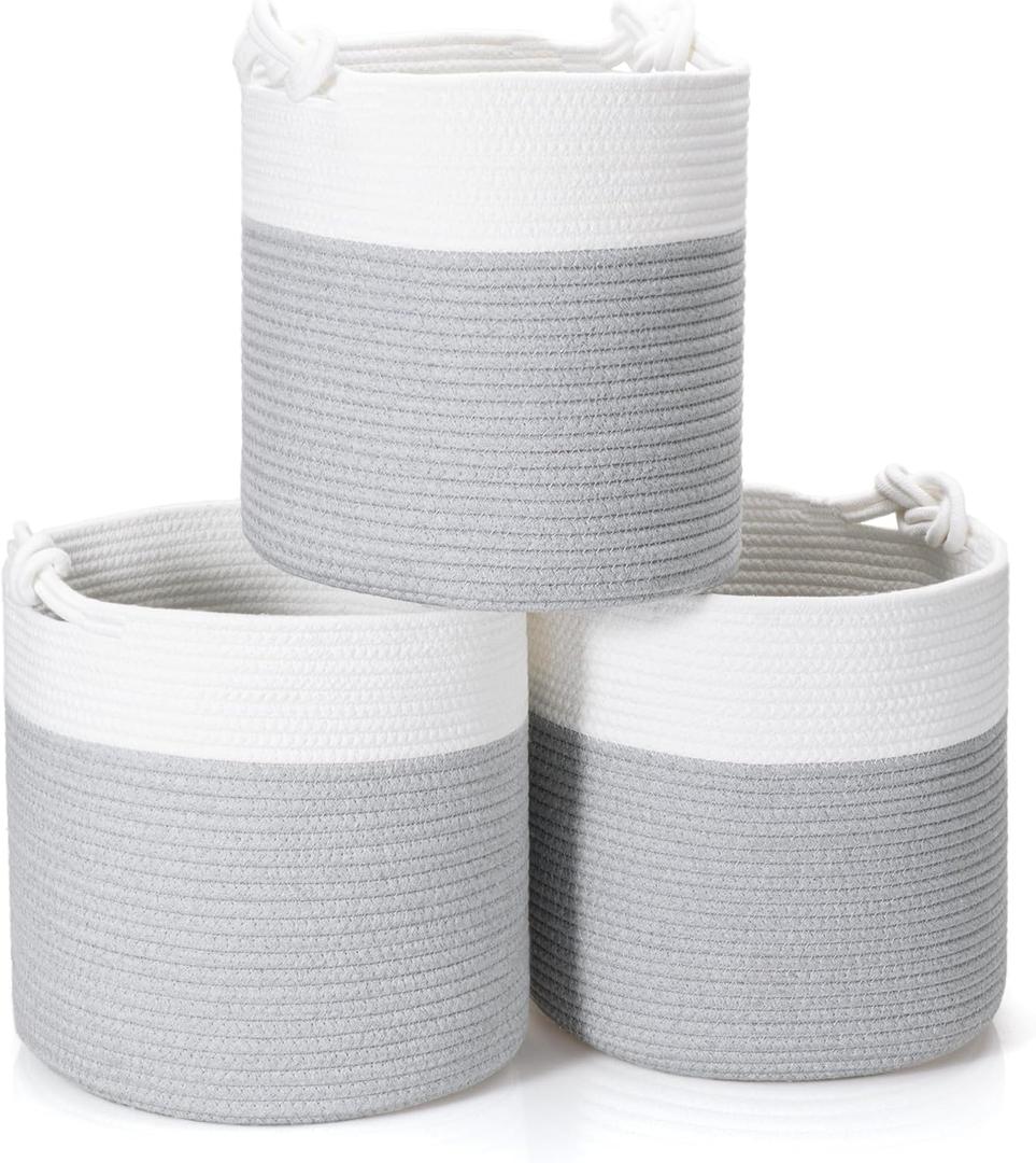 CLHMILY&Z 3 Pack Round Woven Cotton Storage Bins 11x11x11 Inch Collapsible Organizer Baskets for Cube Shelves Kids Room Closet and Home Decor Soft Durable Washable, grey