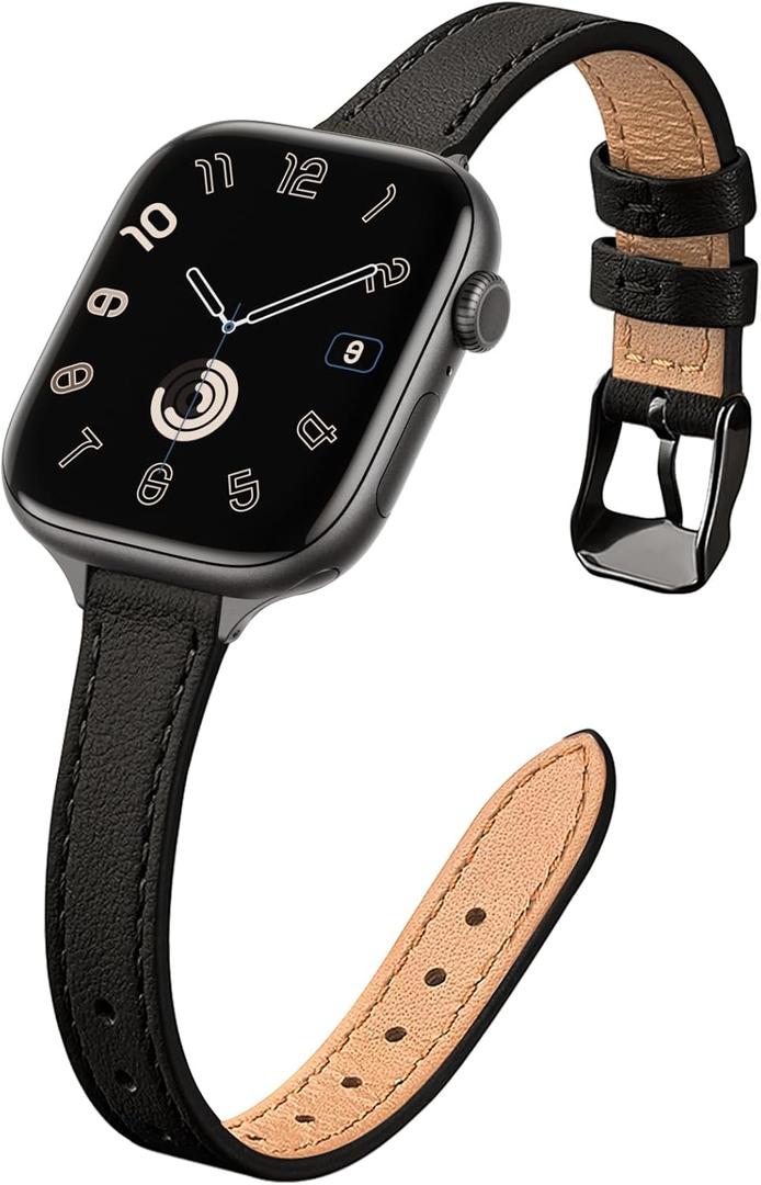 STIROLL Slim Leather Bands Compatible with Apple Watch Band 38mm 40mm 41mm 42mm(Series 11 10), Top Grain Leather Watch Thin Wristband for iWatch Ultra SE Series 9 8 7 6 5 4 3 2 1 (Black)
