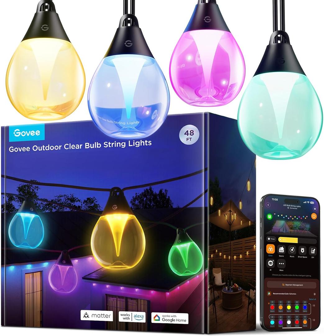 Govee Clear Bulb Outdoor String Lights, 48ft RGBWIC Dimmable Patio & Backyard Lights with 15 LED Bulbs, 111 Modes, IP67 Waterproof & Shatterproof, Works with Alexa, Google & Matter