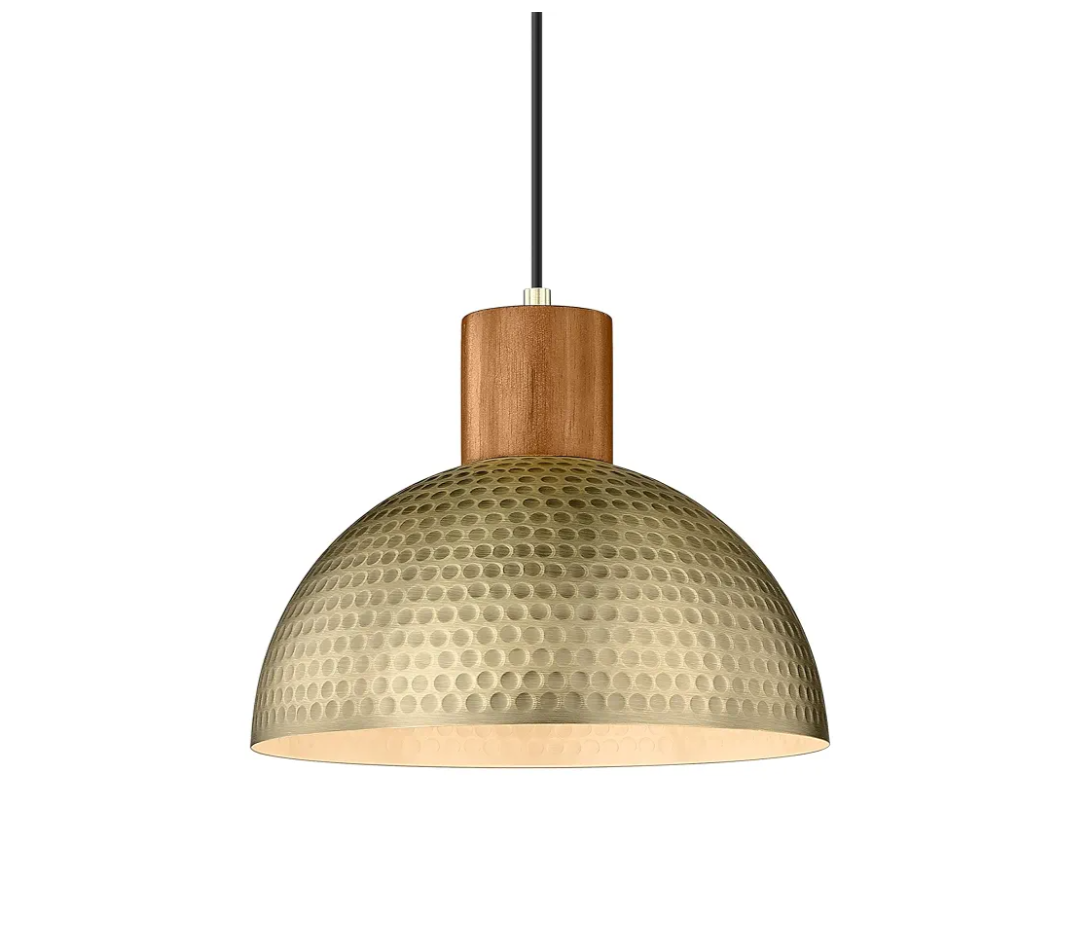 ELYONA Vintage Pendant Light Fixtures, 12” Brushed Brass Hammered Metal & Rubber Wood Industrial Dome Hanging Lamp, Antique Gold Kitchen Pendant Light for Island, Farmhouse, Sink, Dining Room, Hallway