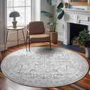 jinchan Round Rug 7ft Vintage Machine Washable Area Rug Kitchen Indoor Circle 7' Ultra-Thin Non-Slip Floral Print Carpet for Farmhouse Entryway Dining Room Living Room Bedroom Office (7'Round,Grey)