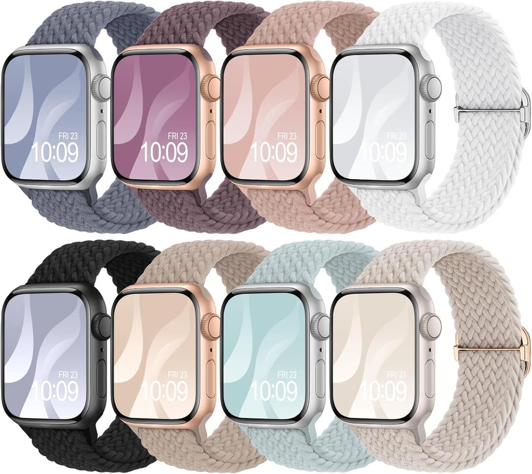 8 Pack Braided Stretchy Solo Loop Compatible with Apple Watch Bands for Women 40mm 38mm 41mm 44mm 46mm 45mm 42mm 49mm Men, Adjustable Sport Elastic Strap for iWatch Series 11 10 9 8 7 6 5 4 3 SE Ultra (Black/Starlight/Succulent/Milk Tea/Nude Pink/Smoke Violet/Blue Gray/White)