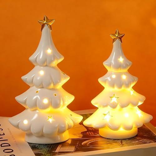 WDS WONDROUS Ceramic Christmas Tree White with Lighted Decor, 2 Pcs Christmas Trees Figurines with Lights, Small Xmas Tree with Star for Tabletop Mantel Shelf Fireplace