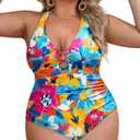 Yonique Women Plus Size One Piece Swimsuit Tummy Control Bathing Suits Lace up Plunge Swimwear (Colorful Flowers)