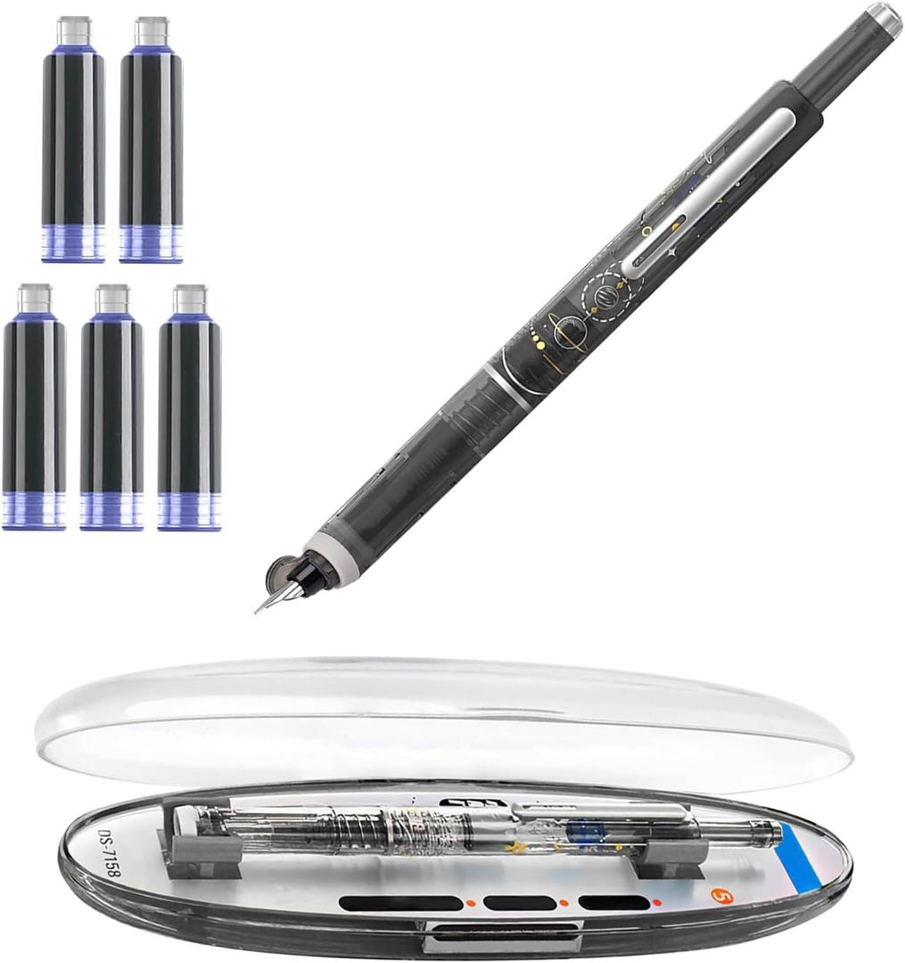 Retractable Fountain Pen, 0.38mm Extra Fine Nib, Black Ink, Transparent Barrel, Refillable, Smudge Proof, 5 Ink Cartridges Included, Clictek Protective Method