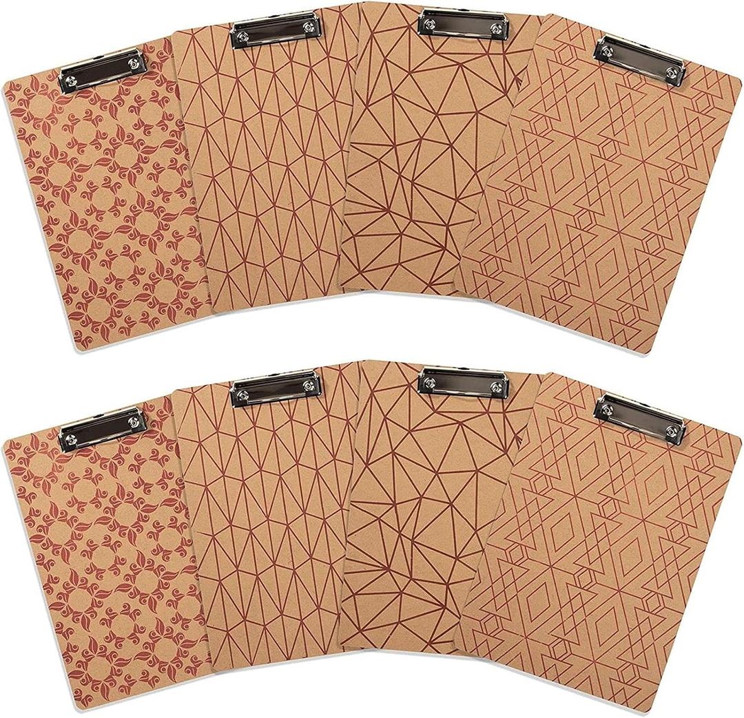 Juvale Wooden Low Profile Clipboard - 8 Pack, Brown, 8.8 x 12.4 in, Classic - Cute Clipboards Set for Teachers & Office, Fits Letter & A4 Papers, Patterns & Designs, Decorative Pack