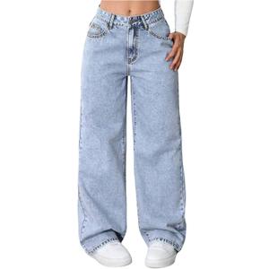 GORGLITTER Girl's Baggy Jeans Cute High Waisted Wide Leg Denim Pants with Pockets Light Wash, 12Y
