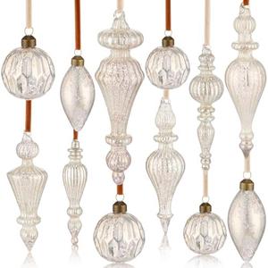 Chunful 4 Pcs Mercury Glass Finial Christmas Ornaments Vintage Large Hanging Christmas Finials Glass Drop Finial Ornaments Mercury Decor for Xmas Tree Vintage Holiday Decoration(Silver-White)