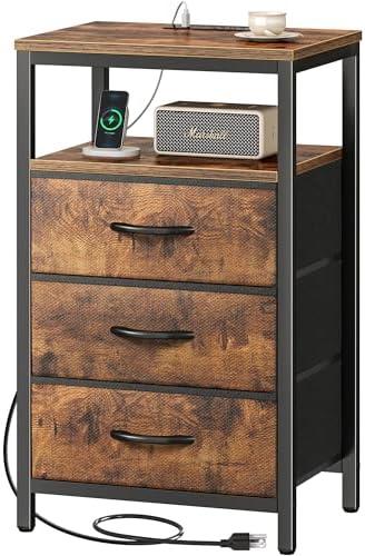 Huuger Nightstand with Charging Station, 27.6 Inch Bedside Table with Fabric Drawers, End Table with USB Ports and Outlets, Night Stand for Bedroom, Rustic Brown