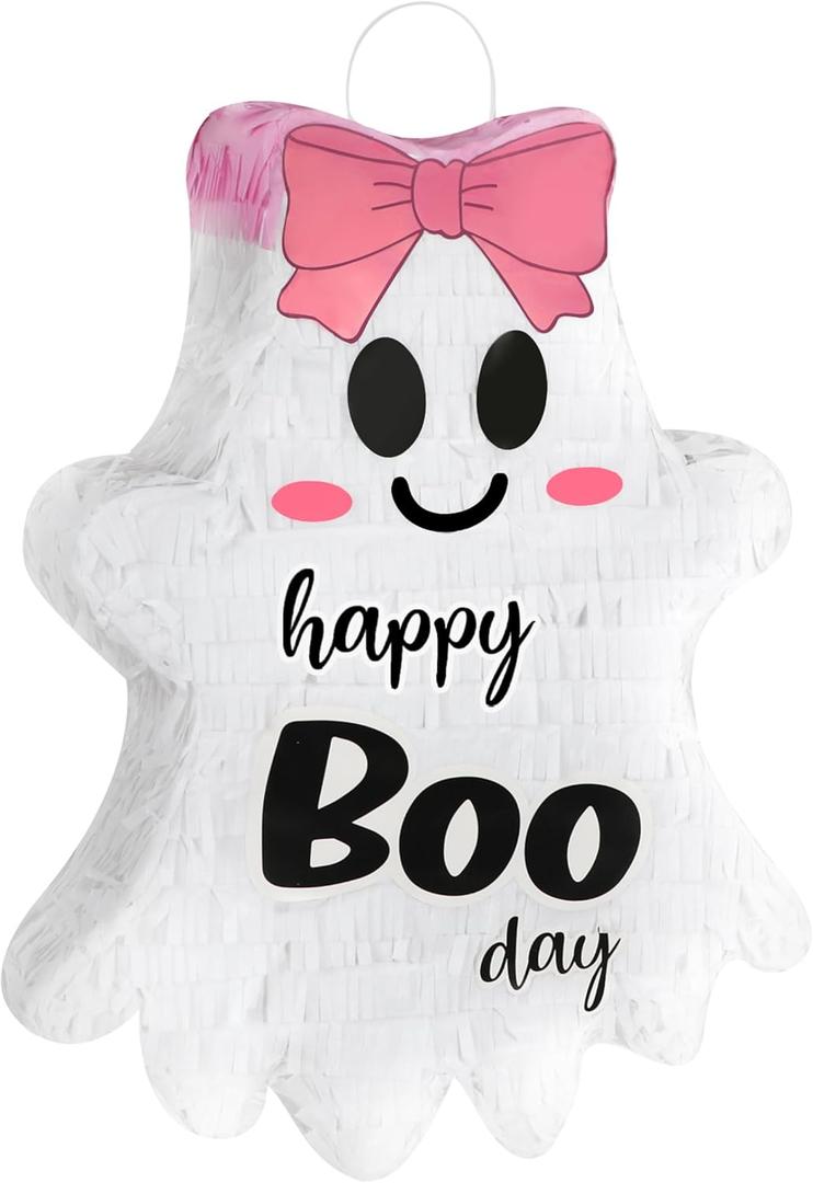 Erweicet Halloween Ghost Piata with Pink Bow Halloween Birthday Decorations Halloween Piata for Kids Happy Boo Day Birthday Party Supplies Decorations for Girls