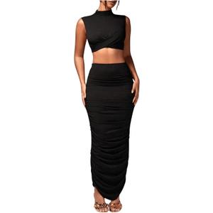 Women's Sexy 2 Piece Outfits Solid Mock Neck Criss Cross Crop Top Tank Top and Ruched Maxi Skirt Bodycon Skirt Sets (Black)