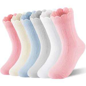HONGTEYA Girls Socks Toddler Kids Ruffle Socks, School Uniform Dress Cotton Crew Socks for Girls 2-10 Years 6 Pairs (Blue)