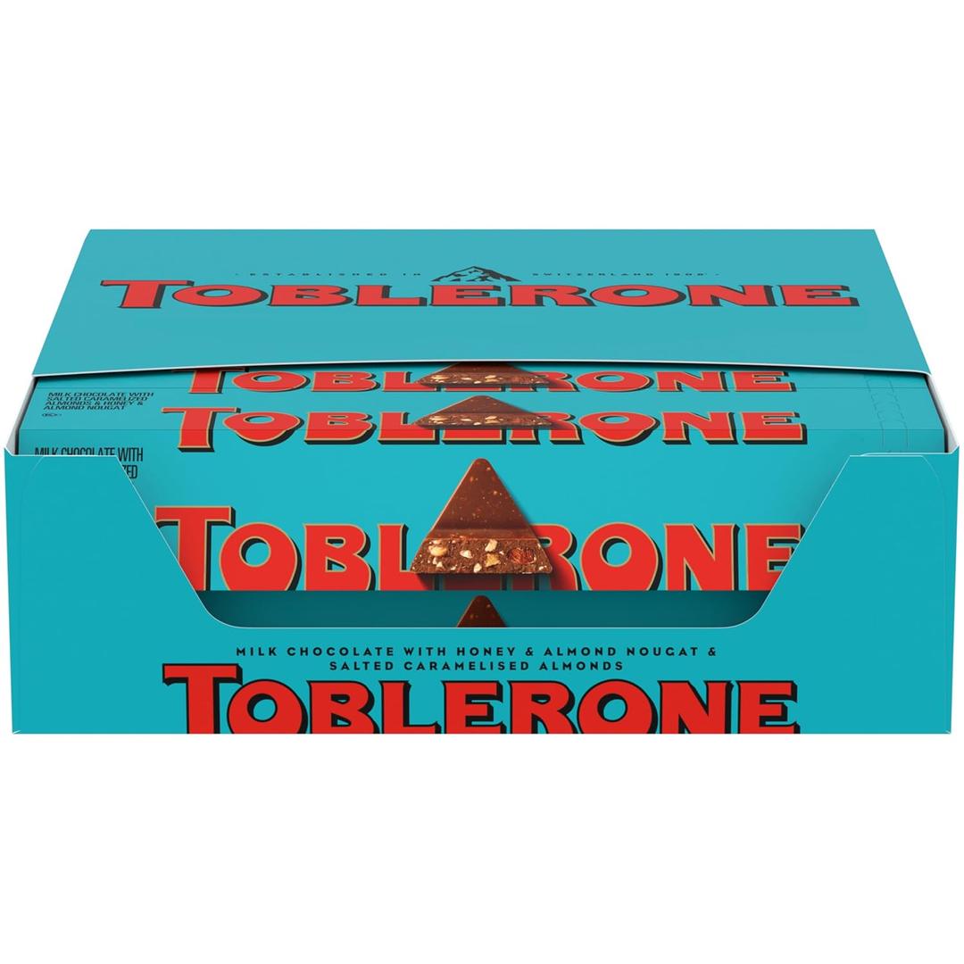 TOBLERONE Milk Chocolate Bar with Salted Caramelized Almonds and Honey and Almond Nougat, Bulk Chocolate, 20 Bars - 3.52 oz, EXP 09/20/24