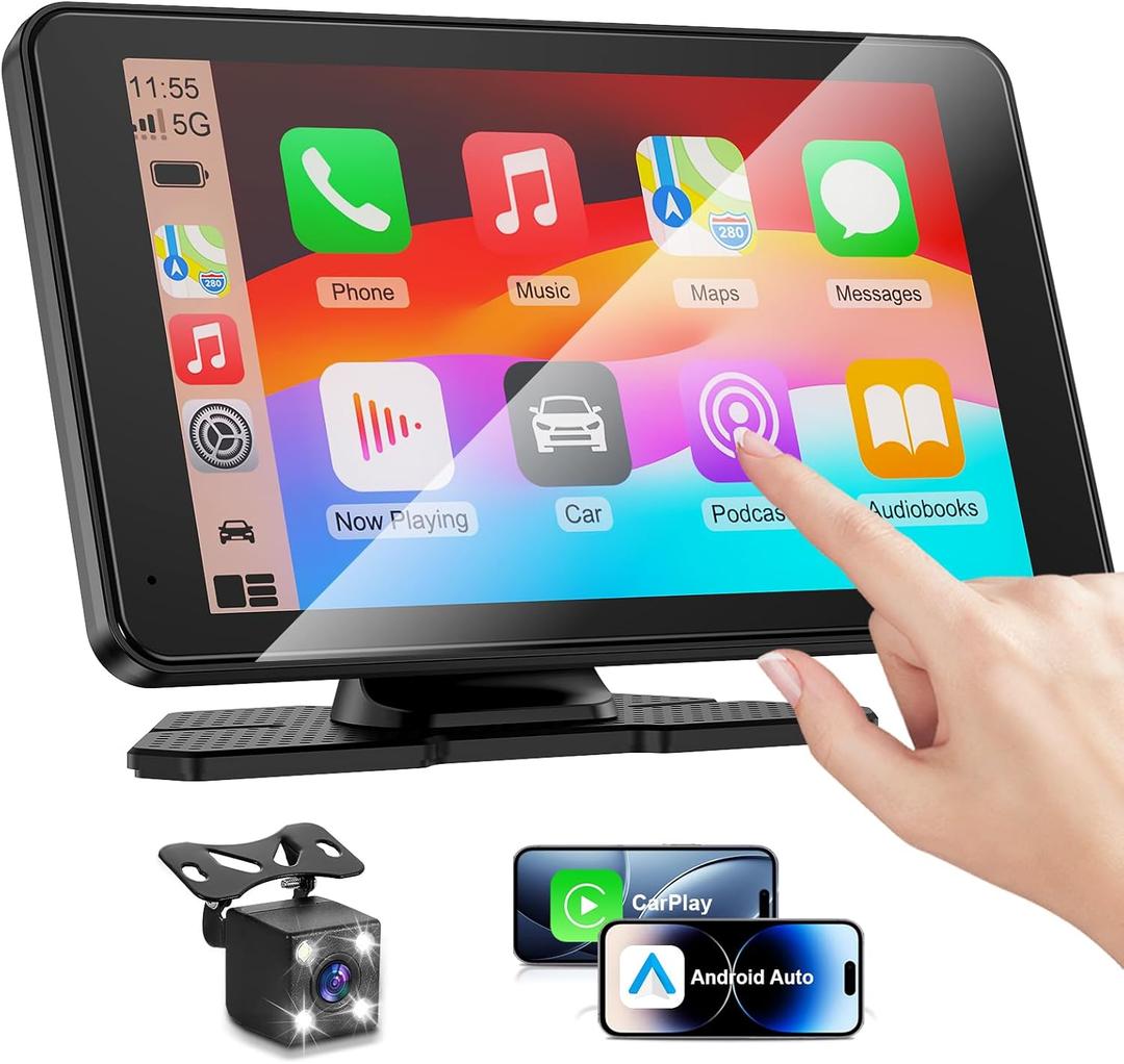 Apple Carplay Screen for Car, 7" HD Portable Car Stereo Touch Screen with Wireless Android Auto, Backup Camera with LED/Mirror Link/Voice Control/Bluetooth/GPS/AUX/FM Satellite Radio for All Vehicles (Black)
