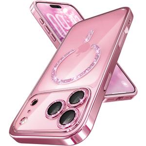 Magnetic for iPhone 17 Pro Case with Glitter Integrated Lens Protection, [Glossy Bumper & Shiny Magnetic Ring] [Compatible with Magsafe] Cute Women Girly Protective Phone Case for iPhone 17 Pro Pink