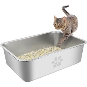 Stainless Steel Cat Litter Box High Side Cats Toilet Metal Kitten Litter Pan, Pet Cleaning Tool for Big and Small Cats, Rabbits, Splash-Proof and Non-Stick Cat Poop Box odorless 19.7"x13.8"x5.9" (M-19.7"x13.8"x5.9")