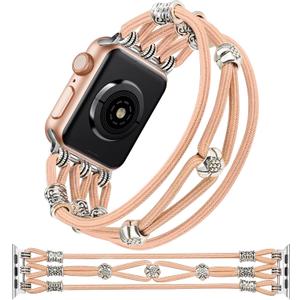 TOYOUTHS Beaded Bracelet Compatible with Apple Watch Band 49/46/45/44/42mm Women, Boho Slim Elastic Western Stretchy Solo Loop Dressy Nylon Strap for iWatch Series 10/9/Ultra/SE/8/7/6/5/4/3/2/1, XS (Gold)