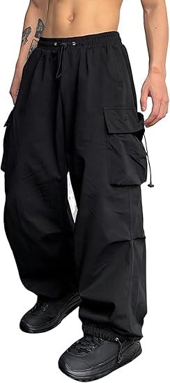 ZAFUL Flat Pocket Parachute Pants for Men Casual Baggy Cargo Pants Unisex Street Y2K Pants Drawstring Trouser (Small, 1-white)