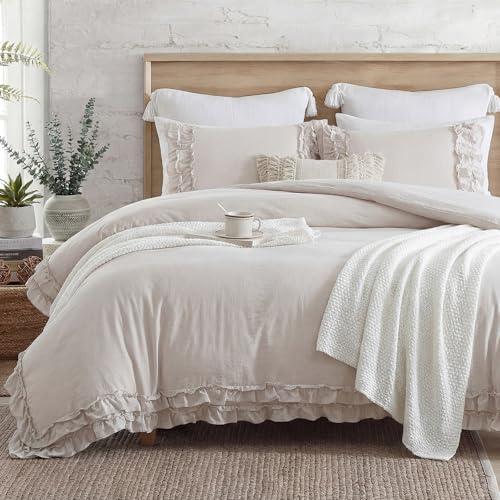 Bedorm Beige Duvet Cover Queen Shabby Chic Bedding Soft Breathable Washed Microfiber Ruffle Duvet Cover Coquette Cute Comforter Cover Girls Women, 3 Pieces