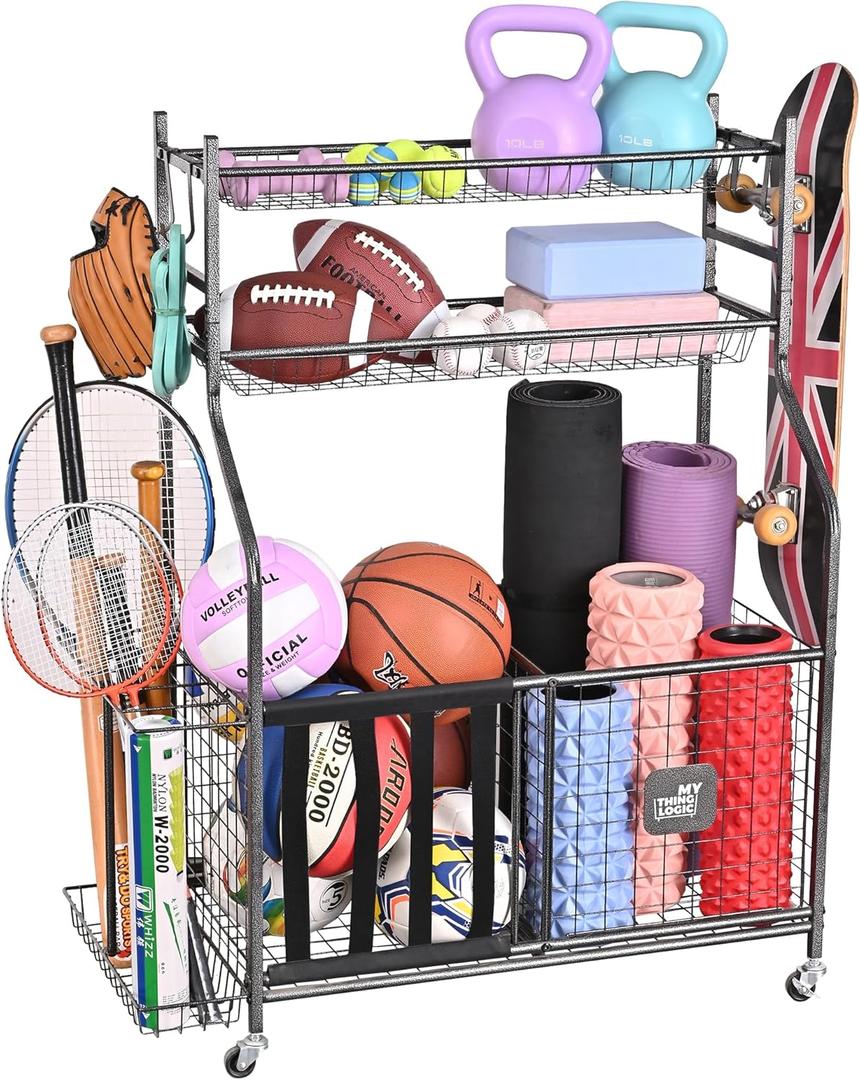 Mythinglogic Garage Sports Equipment Organizer, Baseball Storage Large Capacity, Sports Organizer for Garage with Hooks and Baskets, Ball Storage Rack for Football, Soccer Ball, Bat, Toys
