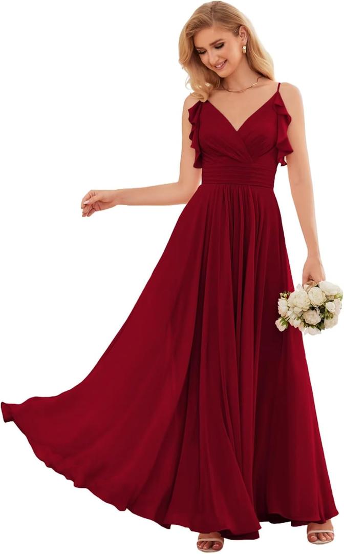 YUAOHUANG Women Chiffon Bridesmaid Dress Flowy Spaghetti Straps V Neck Corset Ruched Ruffle Sleeves Wedding Guest Dresses (Red, M)