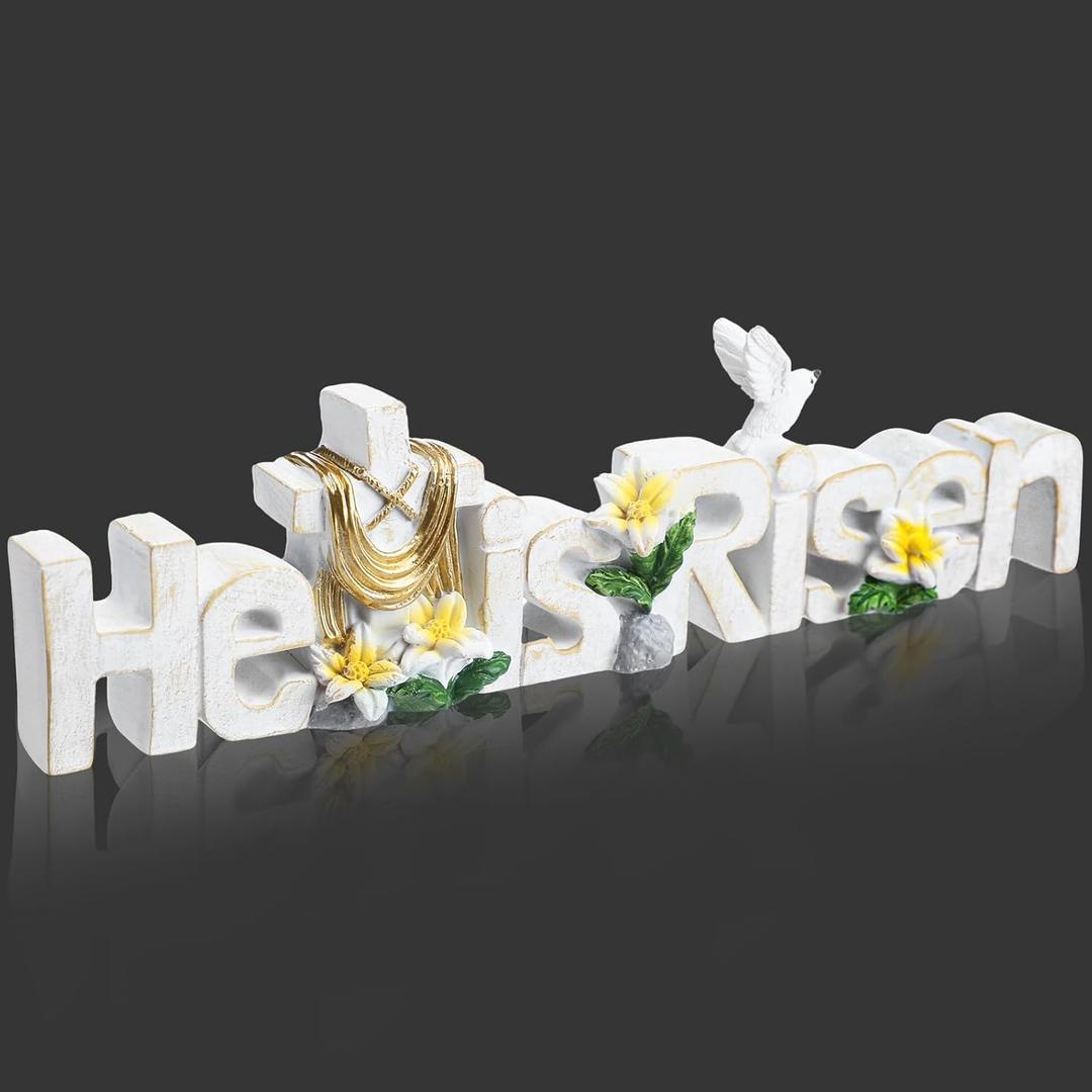 Maitys He Is Risen Table Top Decoration Christian Resin Sign Cross Dove Flowers Easter Table Decor Centerpieces Decorations for Home Dining Room Spring(White)