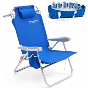 SUNNYFEEL Extra High Back Beach Chair, 5 Position Lay Flat, High Seat Oversized Portable Folding Camping Chair with Cup Holder for Outdoor/Trip, Lightweight Foldable Beach Chair for Adults