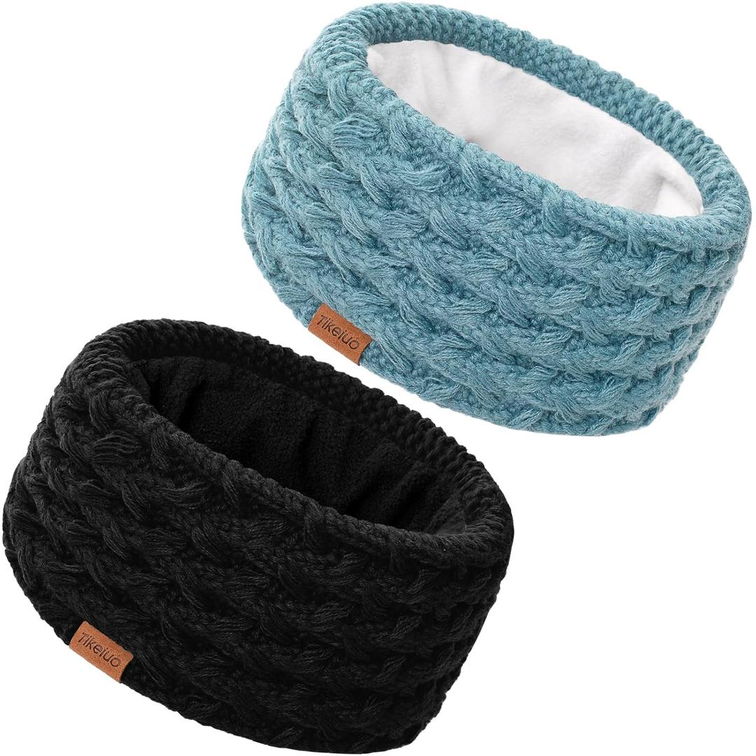 Winter Headbands for Women Ear Warmer Knitted Thick Fleece Lined Headbands for Cold Weather Gift (Black+Blue, One Size)