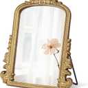 Vintage Vanity Mirror with Stand  11.8"x9.6" Gold Tabletop Makeup Mirror, Arched Decorative Mirror with Carved Engineered Wood Frame for Bedroom, Dresser, Bathroom or Desk
