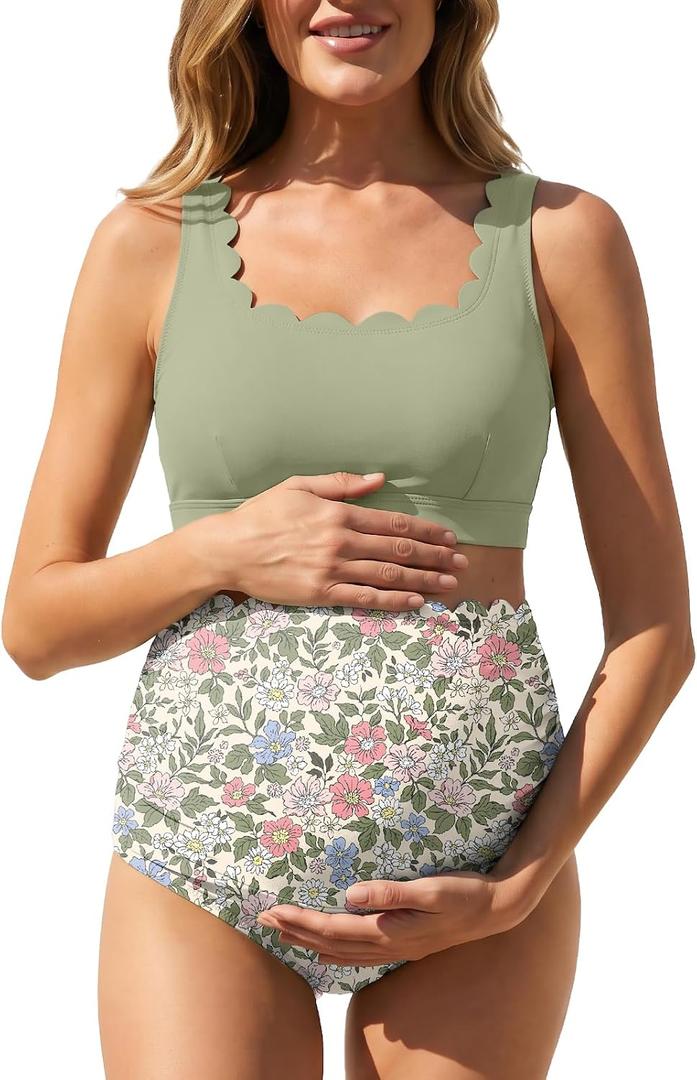 Scalloped Maternity Bikini Swimsuit Two Piece High Waisted Bathing Suit Bow Tie Back Pregnancy Swimwear, 10