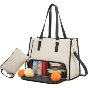 LOVEVOOK Lunch Tote Bag for Women, 15.6 Inch Laptop Bag with Insulated Lunch Compartment, Quilted Large Capacity Computer Handbag with Purse for Business, Work, Collage, Office, Casual, Beige-black