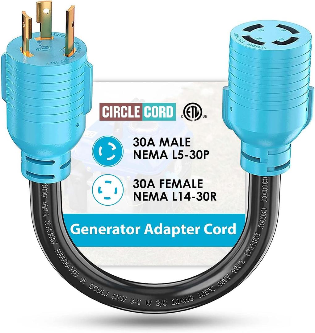 CircleCord NEMA L5-30P to L14-30R Adapter Cord, 4 to 3 Prong Generator Transfer Switch Adapter, 30 Amp Generator Twist Lock 3 to 4 Prong House Inlet Box, STW 10 AWG Blue