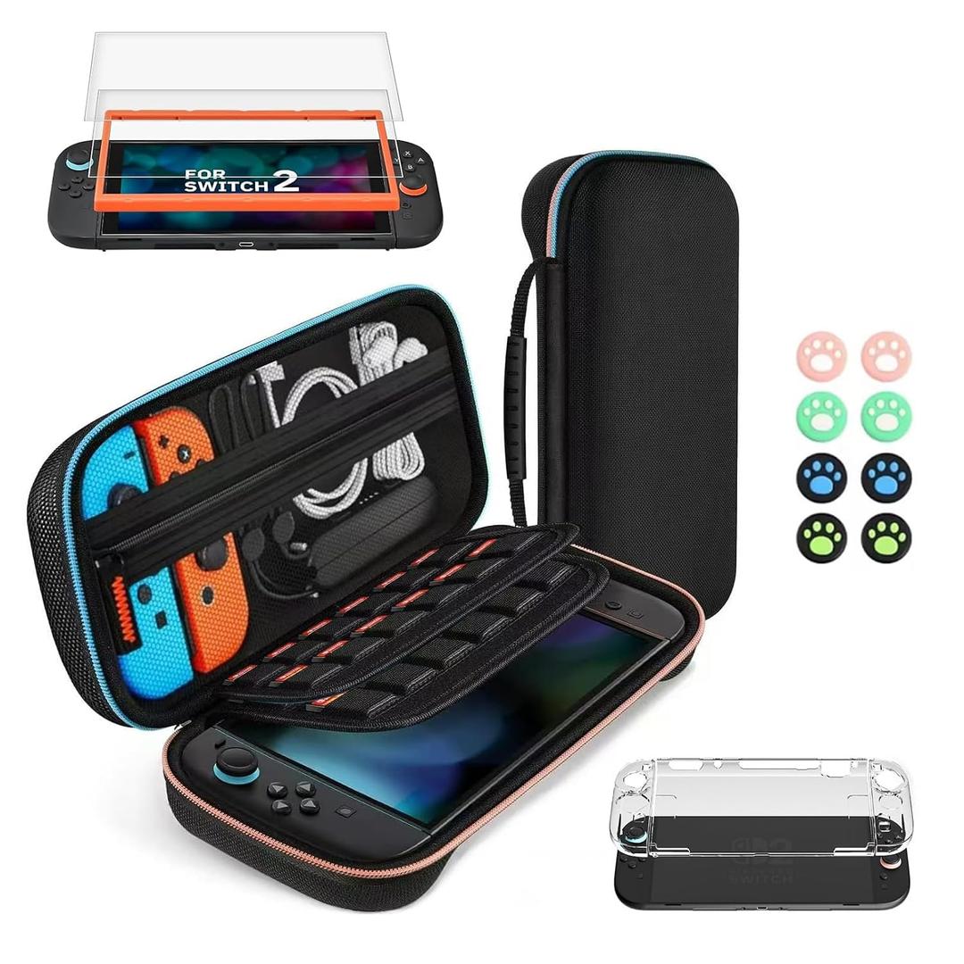 Carrying Case for Nintendo Switch 2 (2025) Large Capacity Protective Hard Shell Portable Travel Case Pouch for Switch 2, with 20 Game Card Slots, 1 Protective Cover, 2 Screen Protector, 8 Thumb grips