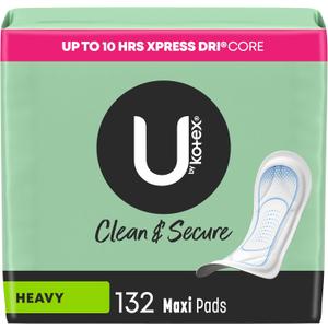 U by Kotex Clean & Secure Maxi Pads, Heavy Absorbency, 132 Count (3 Packs of 44) (Packaging May Vary)