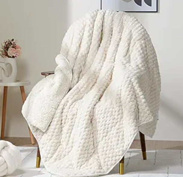 Fleece Weighted Blanket for Adults (60" x 80" 15lbs, Cream White), Dual Sided Cozy Soft Sherpa Heavy Blanket with 3D Imitation Turtle Shell Warm Jacquard Flannel for Couch and Bed
