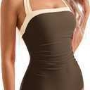 SUUKSESS Women Sexy Tummy Control One Piece Swimsuit Halter Retro Bathing Suit (Brown, M)