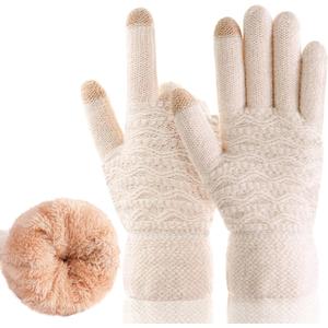 Women's Winter Warm Touch Screen Gloves Womens Thermal Cable Knit Wool Fleece Lined Glove for Cold Weather (Beige)