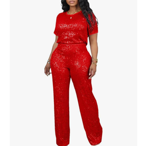 LROSEY Womens Sequin Two Piece Set Glitter T Shirts Top Sparkly Pants Suit for Birthday Party Disco Outfits. XL