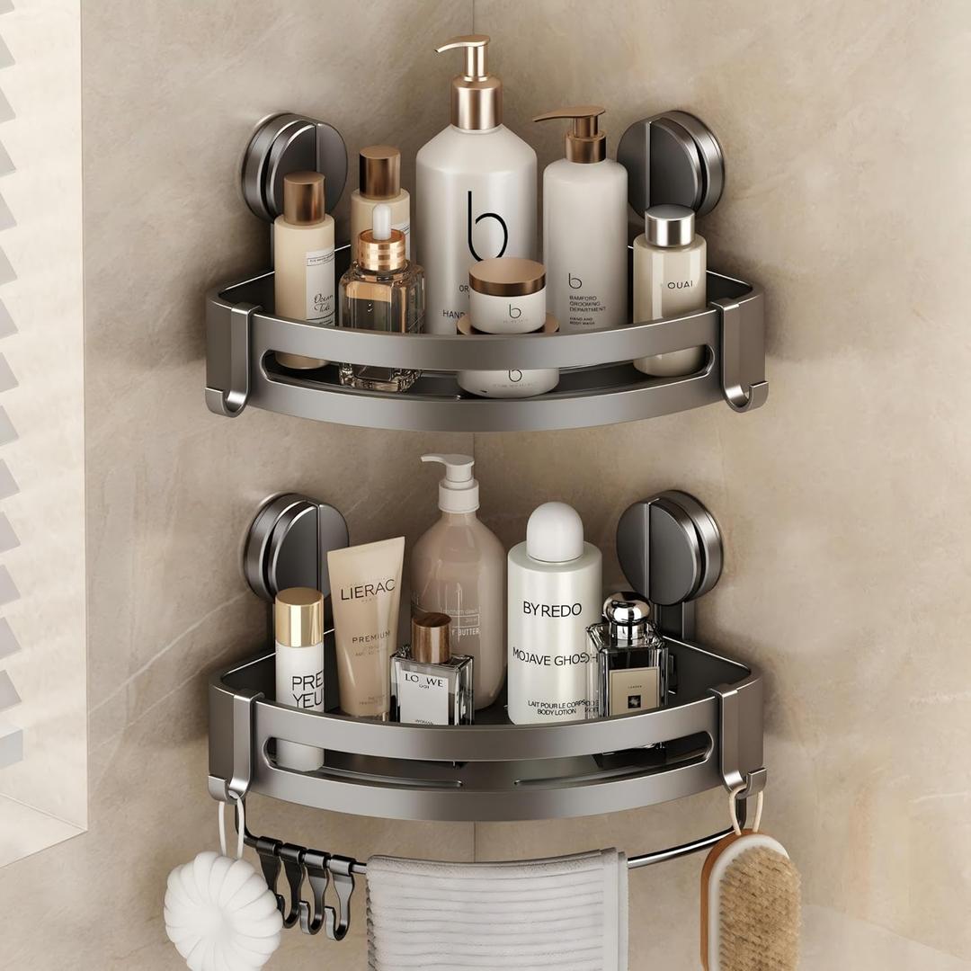 VOLPONE 2 Pack Shower Caddy Suction Cup, Corner Shower Shelves No Drilling, Showers Organizer Storage with Towel Bar & Removable Hooks, Bathroom Shower Shelf Rack for Inside Showers, Triangle