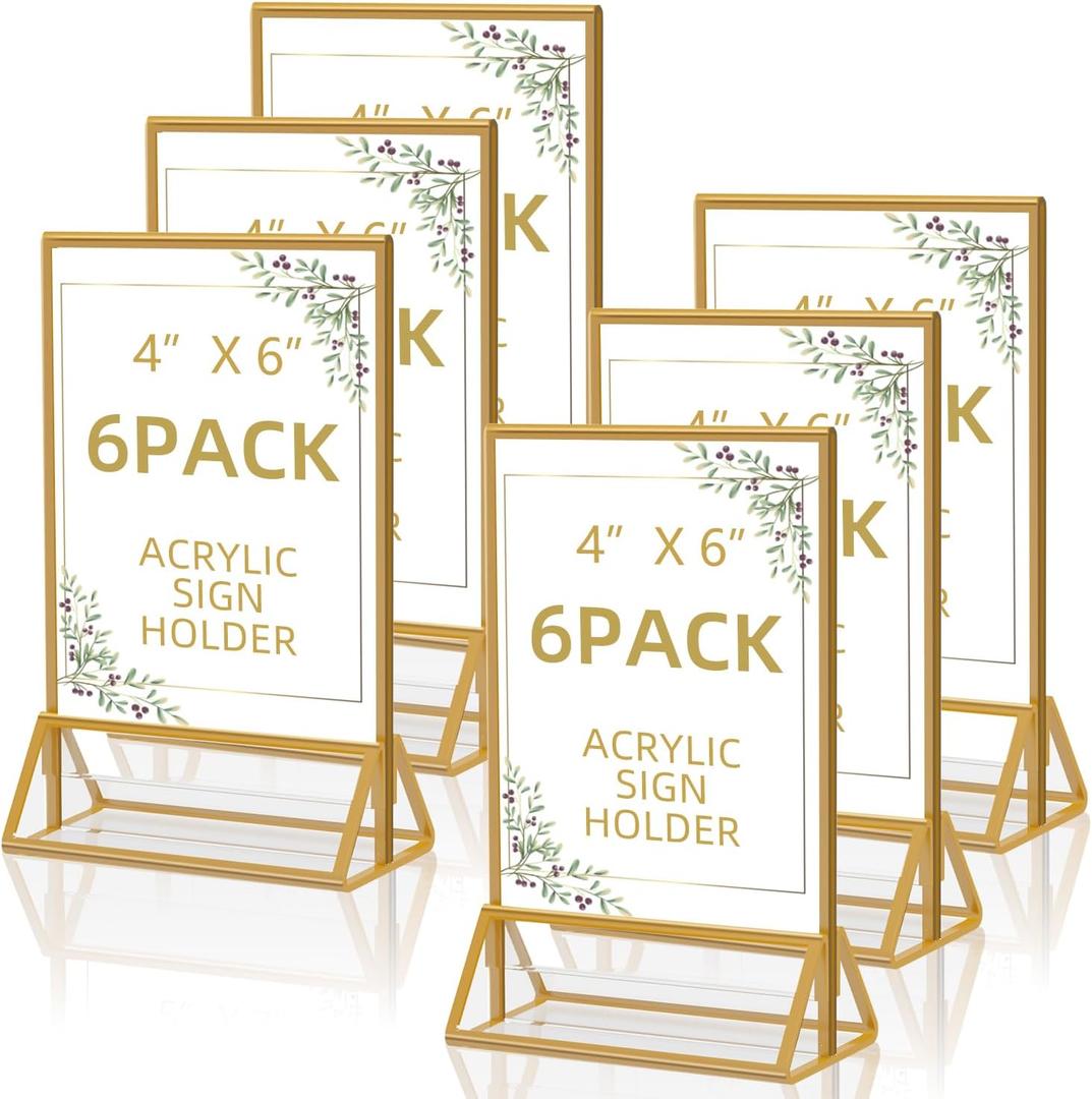 Acrylic Sign Holder 4 x 6 Clear Table Flyer HolderPlastic Display Stand for Home Office Shop- Exhibition 4 x 6 inches (6pcs) (Gold)