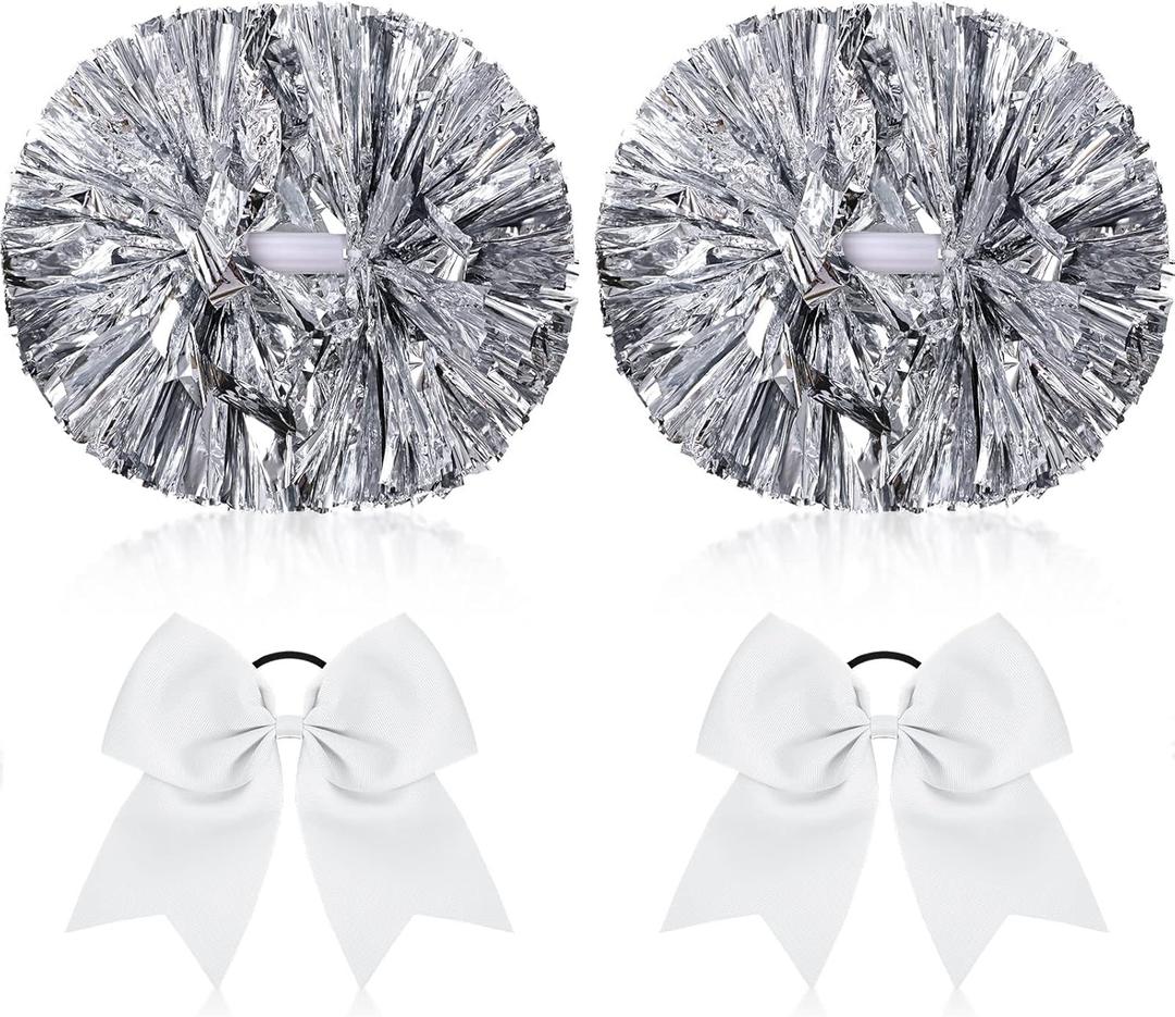 4 Pcs Cheerleading Pom Poms with Baton Handle and Cheerleader Hair Bows, 14 Inch Metallic Cheer Supplies for School Team Spirit Sports Dance Cheering (Silver, White)