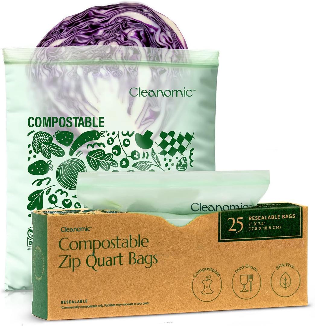 Cleanomic Compostable* Quart Size Food Storage Bags (25 Eco Zip) Freezer and Leak Proof, Gallon, Snack and Sandwich Size Bags