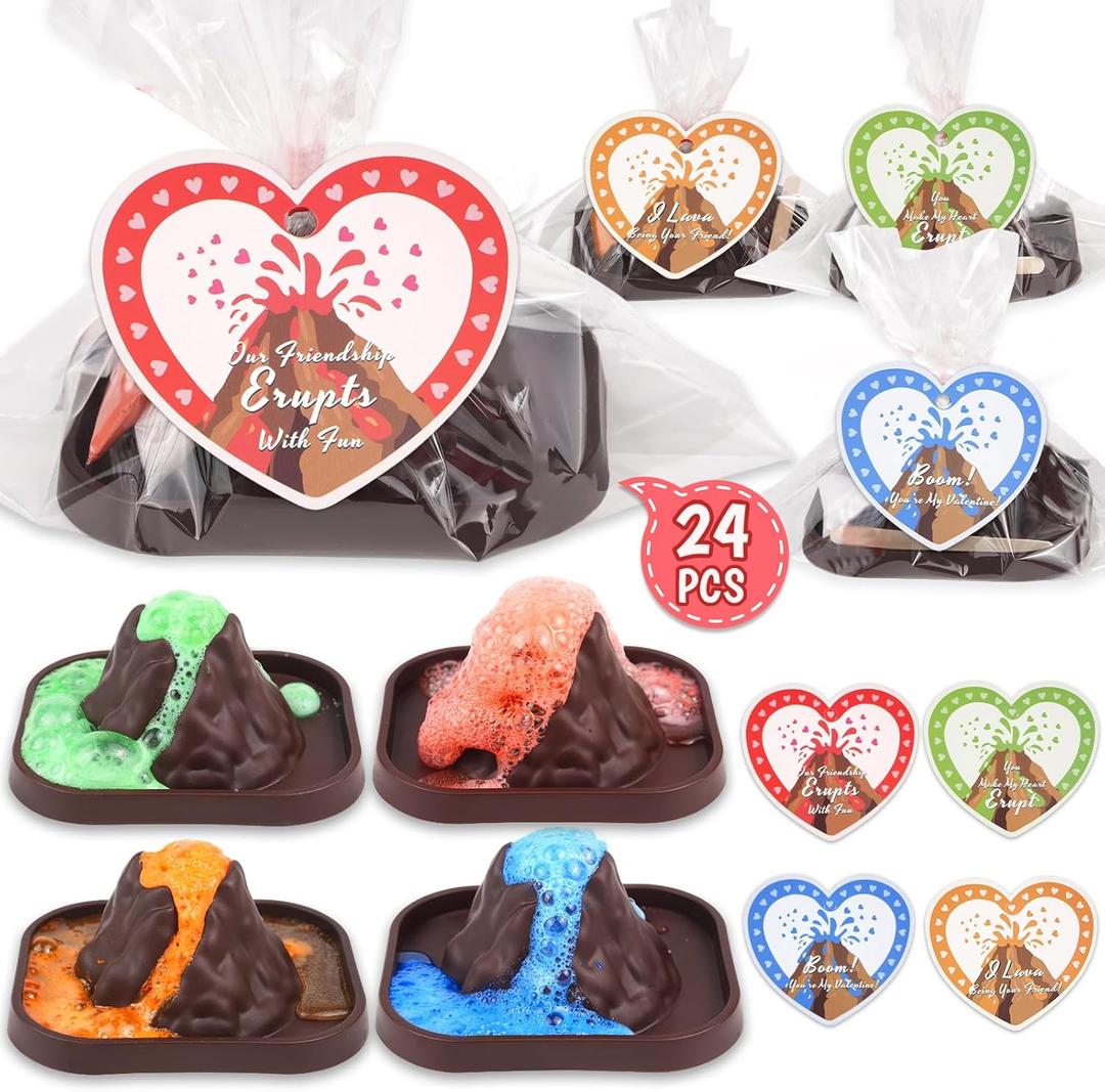 Valentines Day Gifts for Kids Classroom: 24 Pack Erupting Volcano Science Kit with Cards, 4 Lava Colors, STEM Educational Toys for Boys Girls Classroom Exchange Gifts Prizes School Party Favors